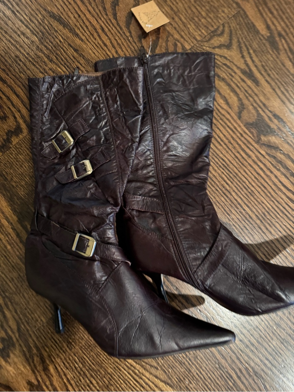 Women's Pointed-Toe Mid-Calf Buckle Boots in Dark Brown